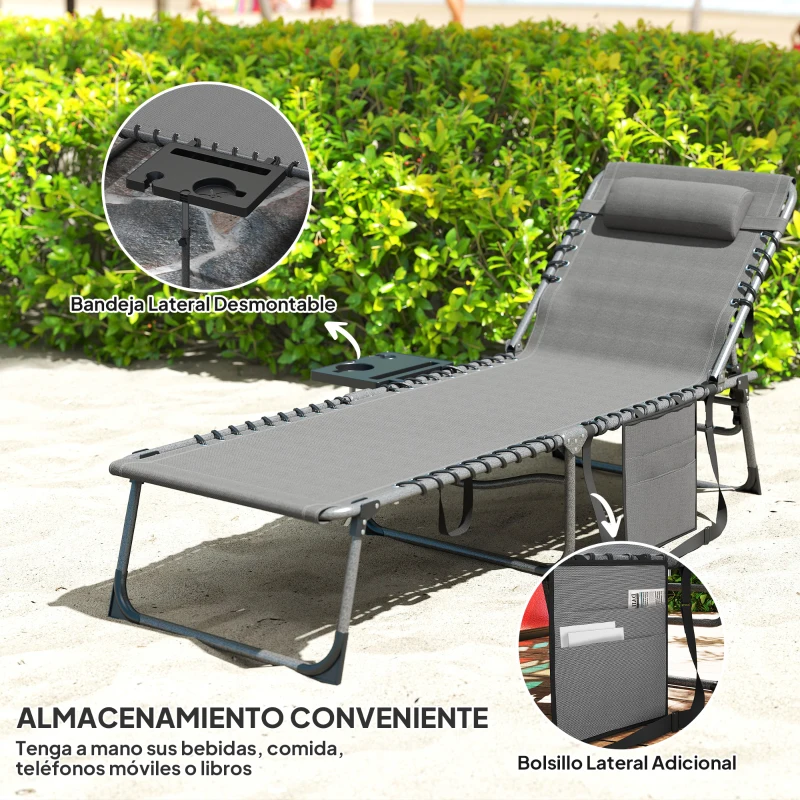 Outsunny Tumbona Plegable con Respaldo Ajustable Reposacabezas Bolsillo Lateral Bandeja y Estructura de Acero 190x60x31 cm Gris