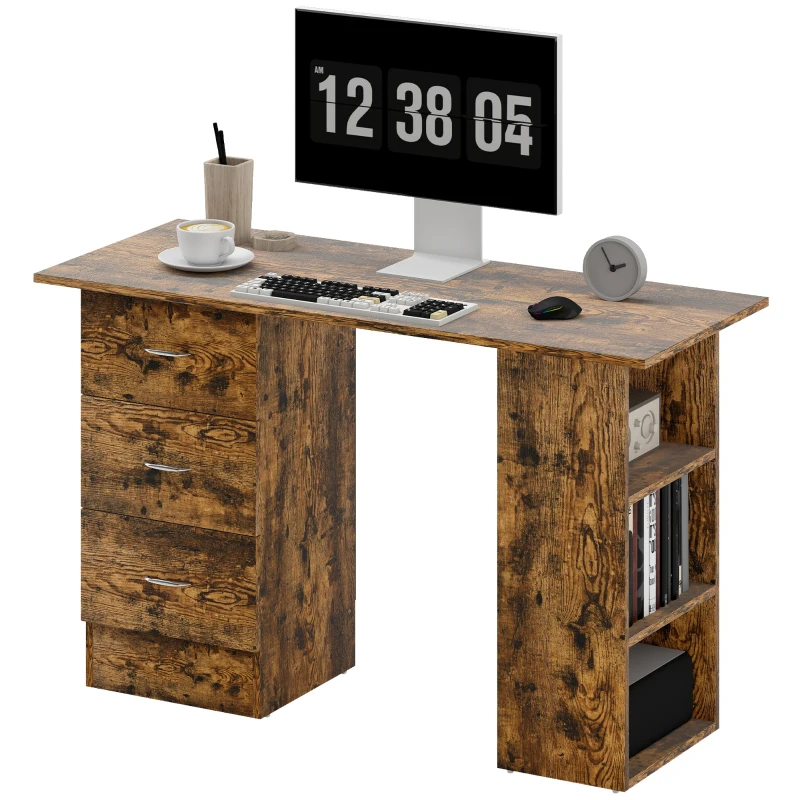 HOMCOM Computer Desk, Writing Table, PC Workstation with 3 Storage Shelves and Drawers, Silver Handle, for Home Office, Rustic Brown