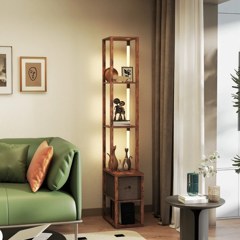 HOMCOM Floor Lamp with Shelves, LED Column Modern Standing Lamp with Fabric Drawer, Adjustable Brightness, Foot Switch for Living Room, Bedroom, Office, Rustic Brown