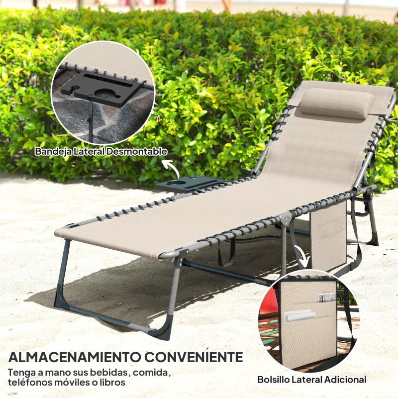 Outsunny Tumbona Plegable con Respaldo Ajustable Reposacabezas Bolsillo Lateral Bandeja y Estructura de Acero 190x60x31 cm Crema