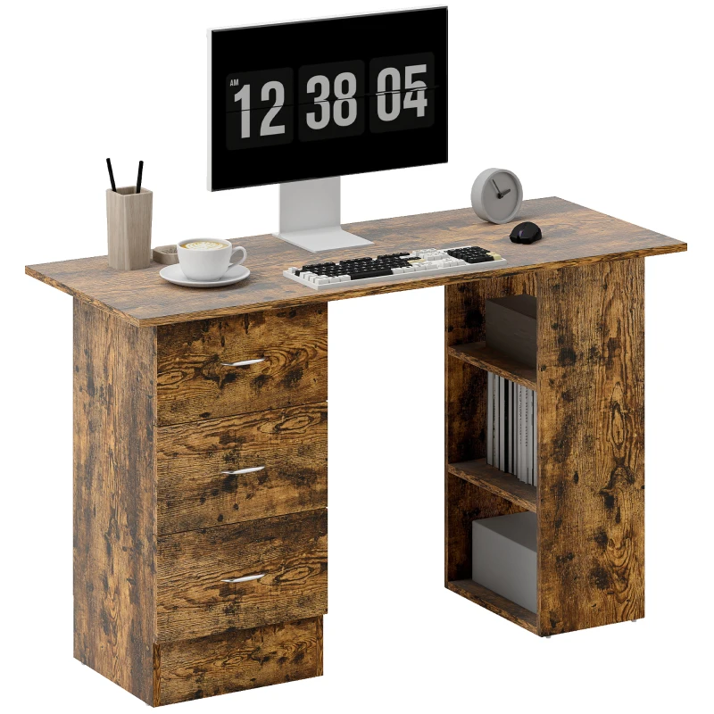 HOMCOM Computer Desk, Writing Table, PC Workstation with 3 Storage Shelves and Drawers, Silver Handle, for Home Office, Rustic Brown