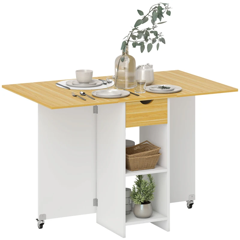 HOMCOM Masă Pliabilă, Masă Rabatabilă pentru 2-4 Persoane cu Sertar, 2 Rafturi și 2 Roți, 114,5x70x75 cm, Stejar