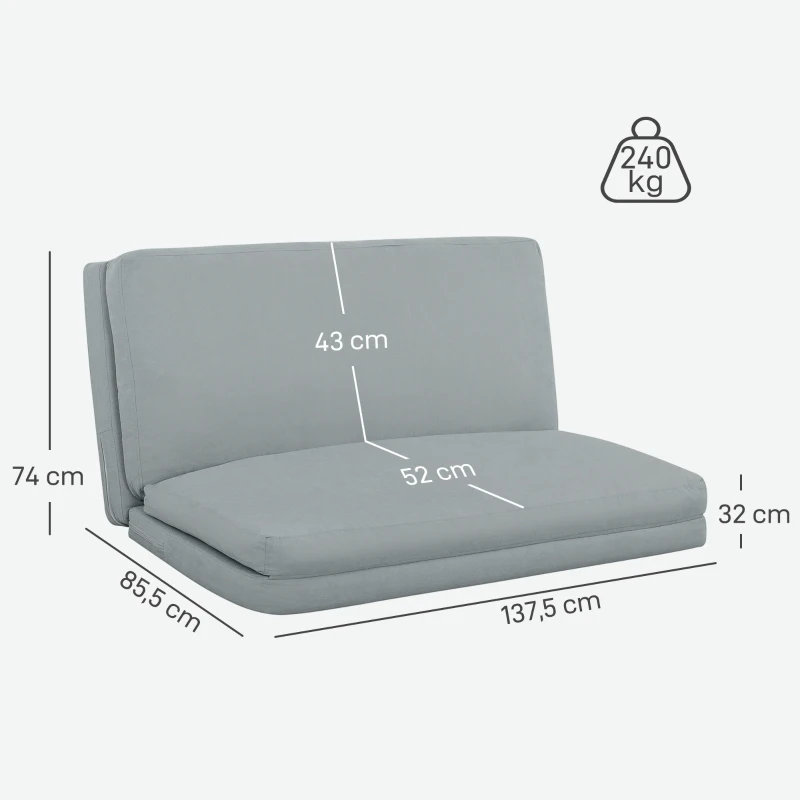 HOMCOM Sofá perezoso sillón convertible plegable en 4 partes con respaldo inclinable, 137,5 x 85,5 x 74 cm, gris claro