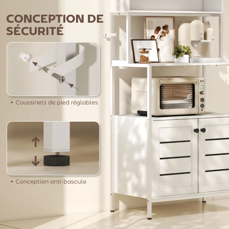 HOMCOM Étagere cuisine meuble micro-onde avec multiprise, double porte à persiennes, compartiments ouverts, 80x42x171cm, blanc