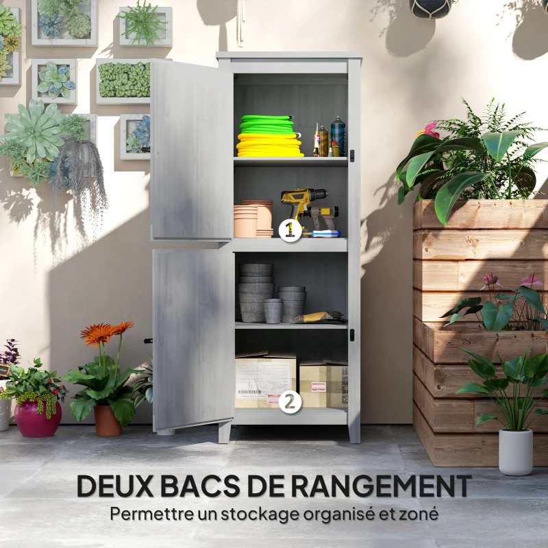 Outsunny Abri de jardin en bois, armoire de jardin avec étagères détachables, portes verrouillables, 60 x 60 x 160 cm, gris clair