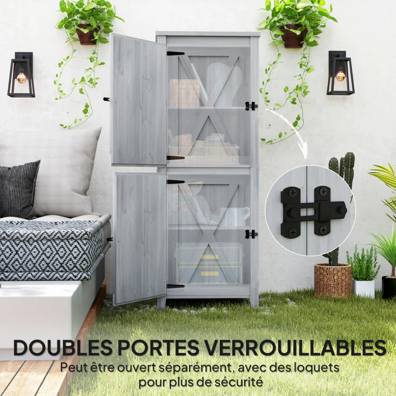 Outsunny Abri de jardin en bois, armoire de jardin avec étagères détachables, portes verrouillables, 60 x 60 x 160 cm, gris clair