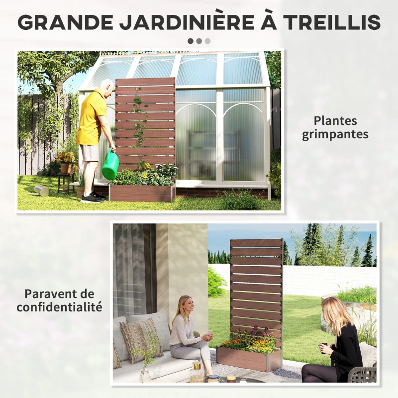 Outsunny Jardinière surélevée avec treillis pour plantes grimpantes bac à fleurs de 64L, composite bois-plastique et aluminium