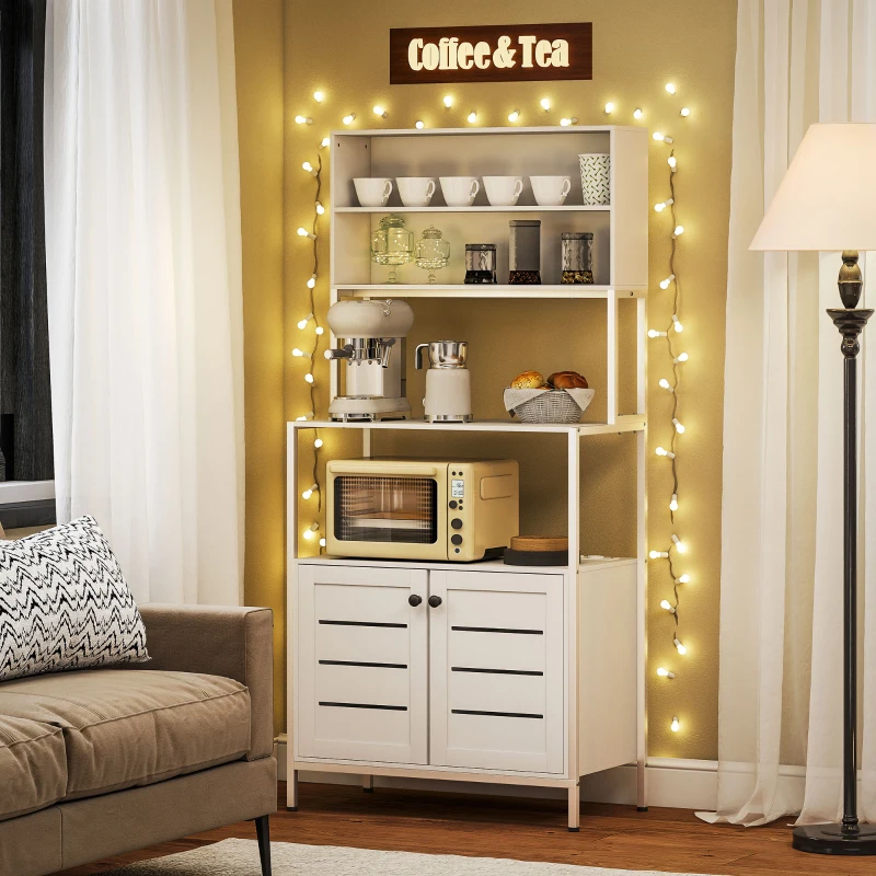 HOMCOM Küchenregal Mikrowellenschrank mit Steckdosenleiste, Doppeltürenlamellen, offenen Fächern, 80x42x171cm, weiß