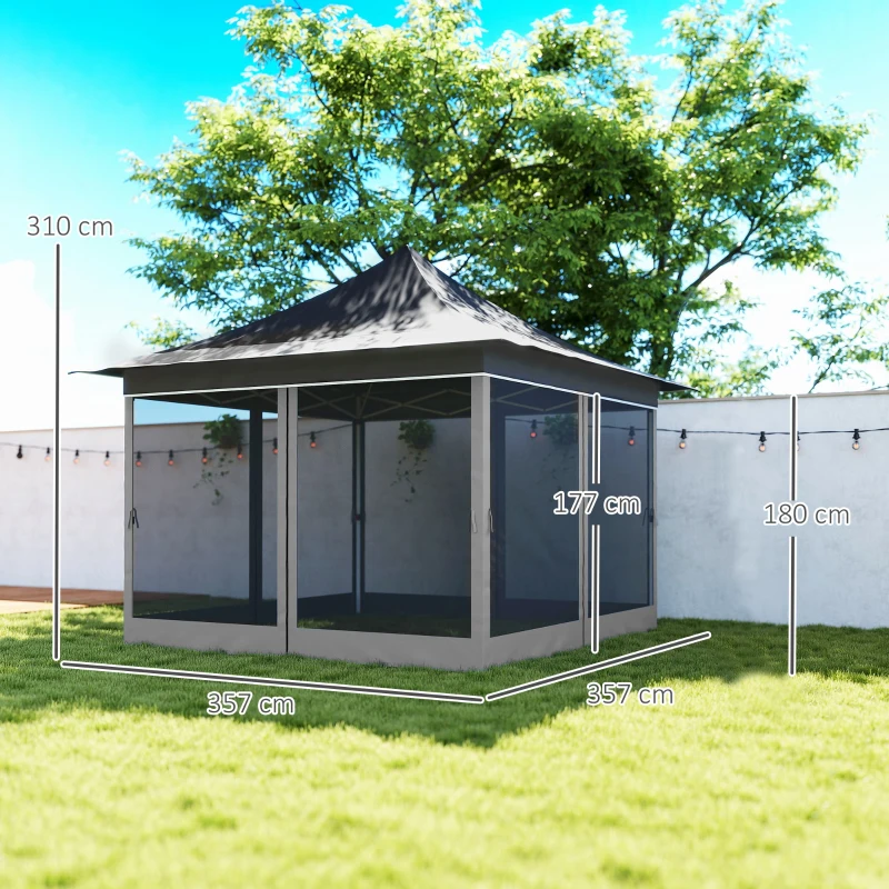Outsunny Gazebo da Giardino ad Altezza Regolabile con Zanzariera, in Poliestere e Metallo, 357x357x310 cm, Grigio Scuro