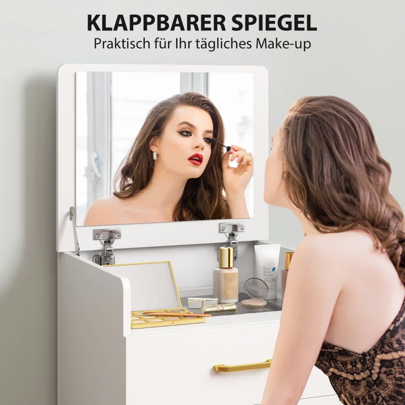 HOMCOM 3-in-1 Make-uptafel met Spiegel, Nachtkastje, Rollende Kruk, Lades, Wit(m-4)