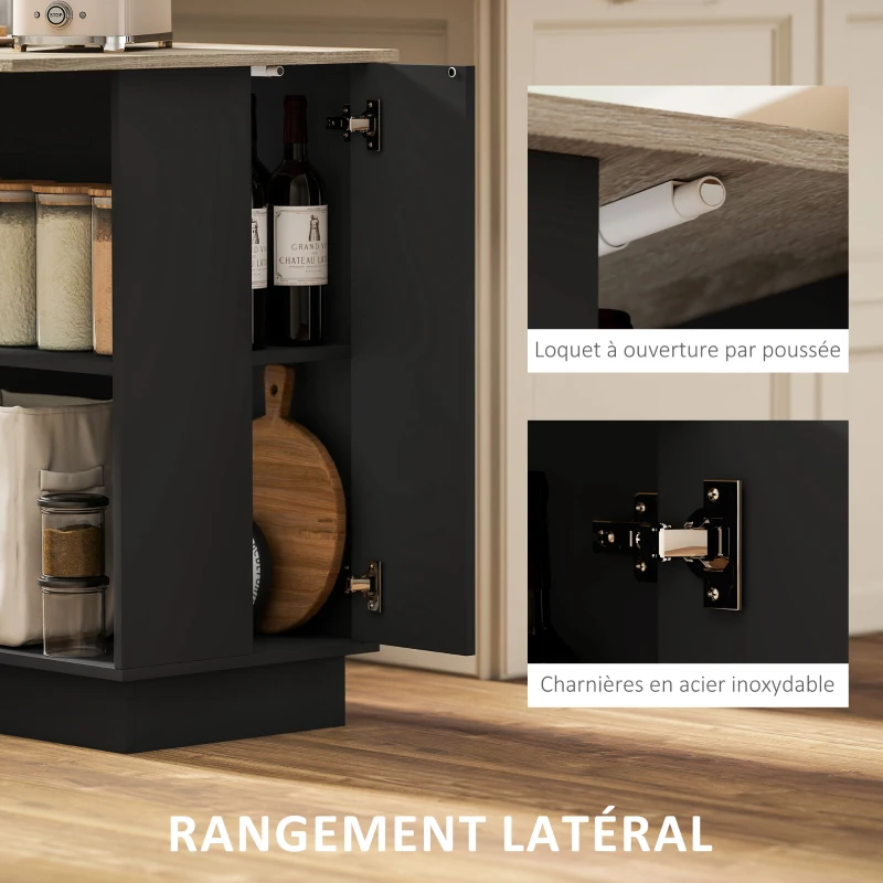 HOMCOM Desserte îlot de cuisine étagère réglable 2 compartiments ouverts 2 placards plan de travail effet bois 105 x 60 cm noir