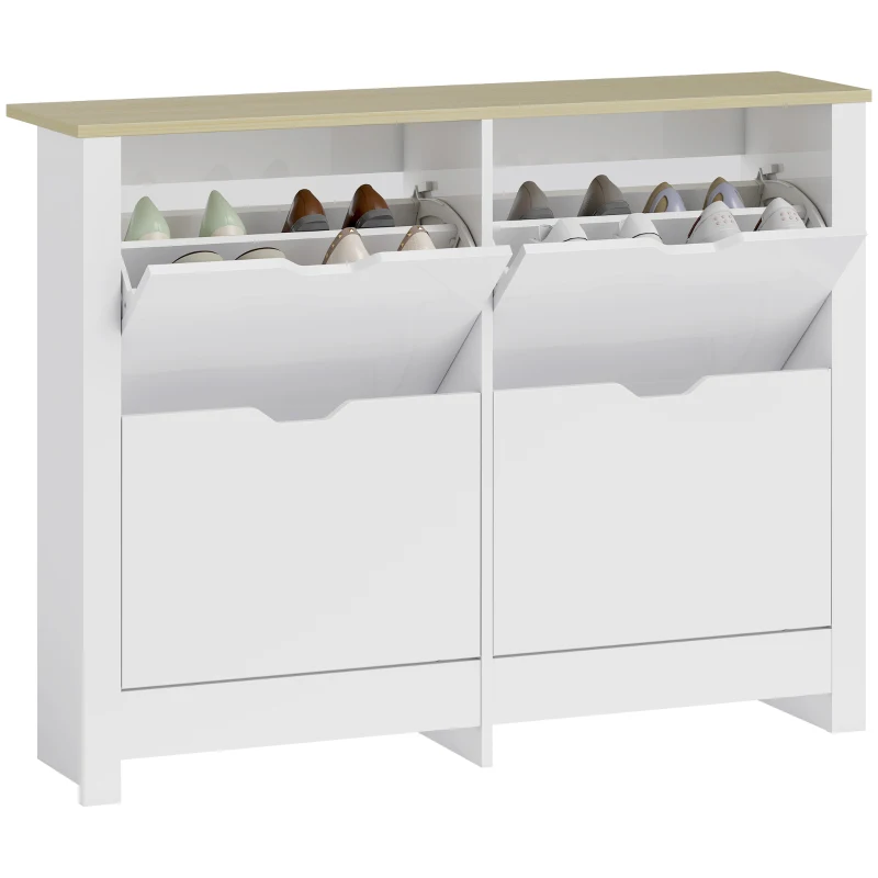 HOMCOM Armadio Portascarpe 4 Ante Ribaltabili 2 Compartimenti Pannelli Particelle Bianco rovere