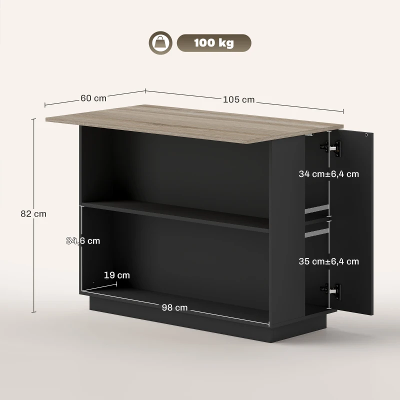 HOMCOM Isla de Cocina Mueble buffet auxiliar con 2 Estantes Abiertos 2 Puertas y Estantes Ajustables 105x60x82 cm Negro y Roble