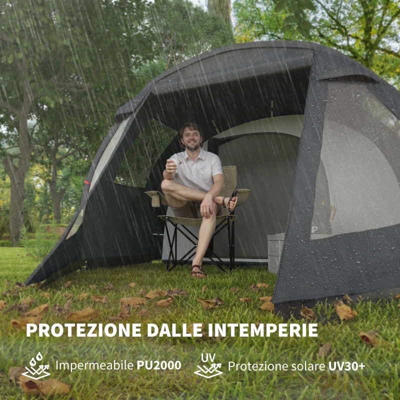 Outsunny Tenda da Campeggio 3 Posti con 2 Stanze Interne con Finestre e Coperture, 475x264x172 cm, Nero