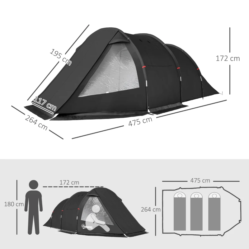 Outsunny Cort de Camping pentru 3 Persoane cu 2 Camere, Ferestre și Geantă de Transport, 475x264x172 cm, Negru