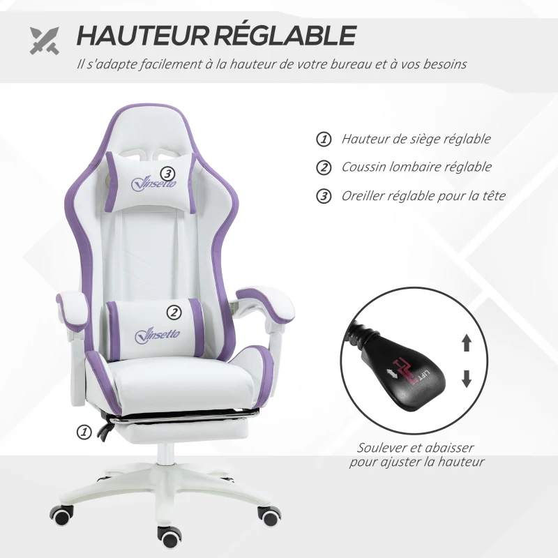 Vinsetto Chaise gaming fauteuil gaming ergonomique avec dossier inclinable à 135° et soutien lombaire, 65 x 65 x 121-129 cm blanc