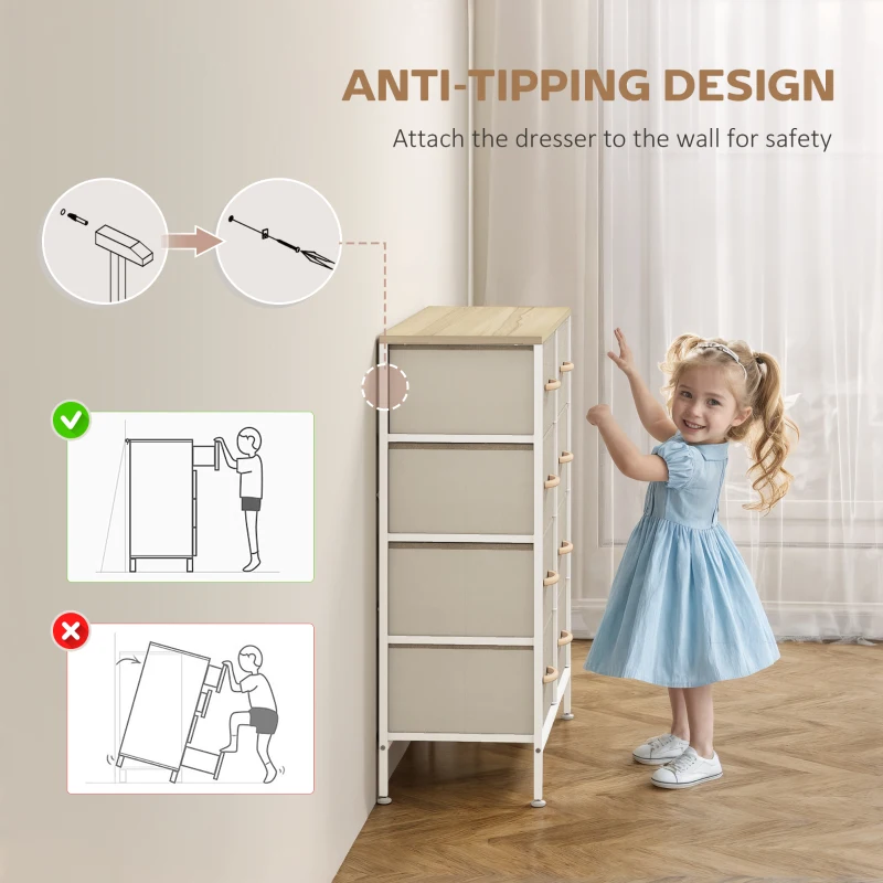 HOMCOM Fabric Chest of Drawers, Industrial Bedroom Dresser with 8 Fabric Drawers, Steel Frame and Wooden Top for Nursery, Living Room, Hallway, Maple Wood-effect