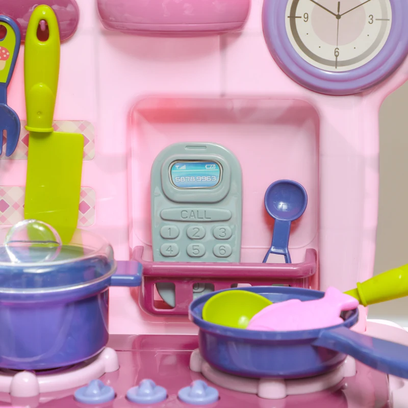 AIYAPLAY Cucina Giocattolo per Bambini 3-6 Anni con 38 Accessori e Suoni Realistici, in PP e ABS, 51x21x60 cm, Rosa