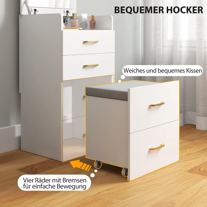 HOMCOM 3-in-1 Make-uptafel met Spiegel, Nachtkastje, Rollende Kruk, Lades, Wit(m-5)