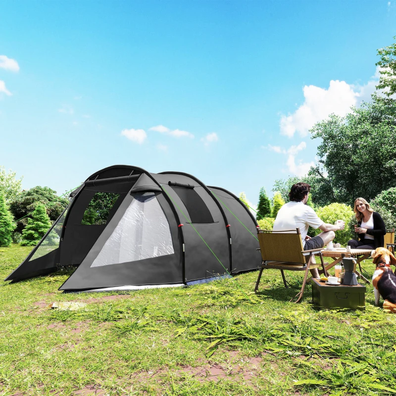 Outsunny Tenda da Campeggio 3 Posti con 2 Stanze Interne con Finestre e Coperture, 475x264x172 cm, Nero