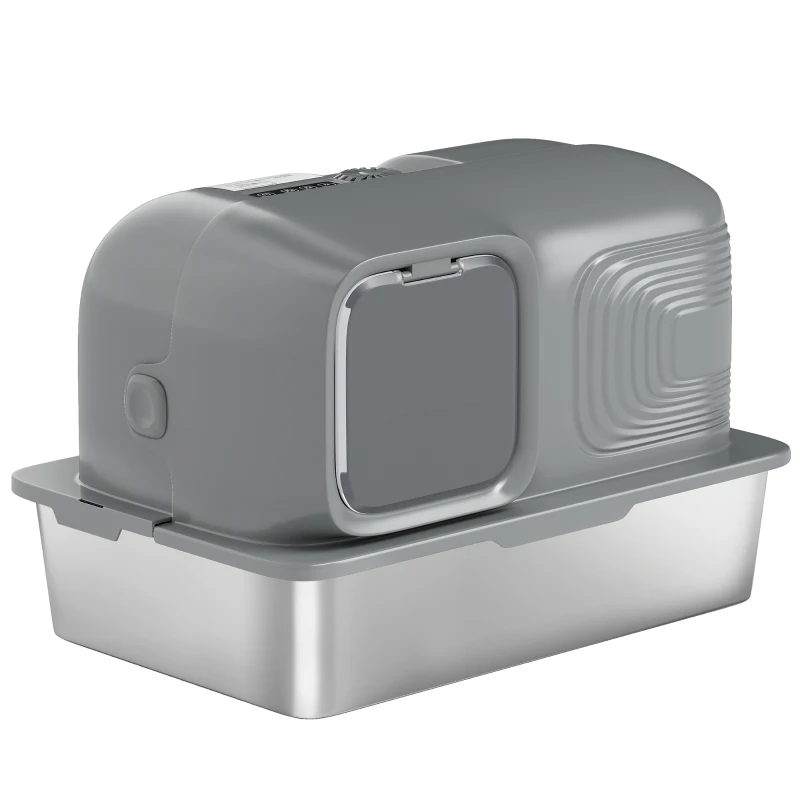 PawHut 65L Extra Large Stainless Steel Litter Tray with Plasma Deodoriser System, High Sided, Easy to Clean & Odour-Resistant