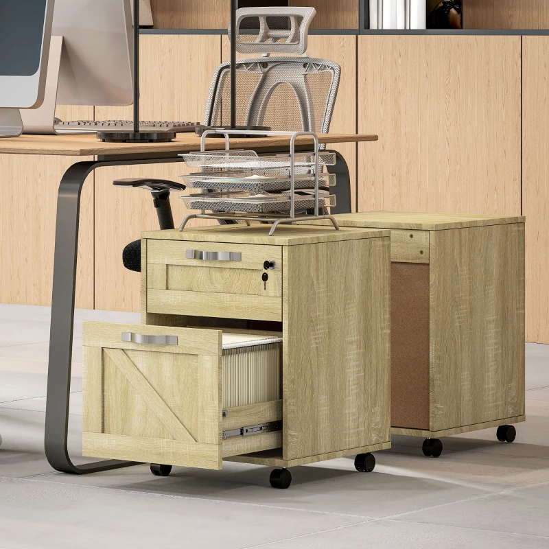 Vinsetto Cajonera de Oficina con 2 Cajones Cajonera con Ruedas con Cerradura Carpetas Colgantes para Tamaño A4 41x42x56cm Natural