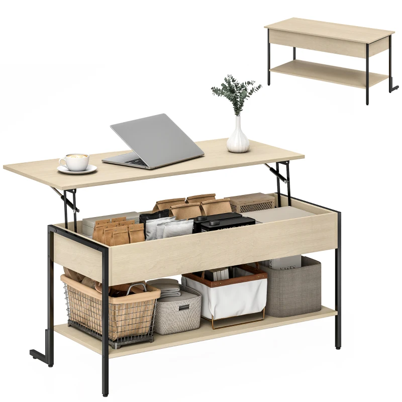 HOMCOM Tavolino con piano sollevabile, tavolino da soggiorno con vano nascosto e scaffale aperto, 95x40x59cm, legno naturale