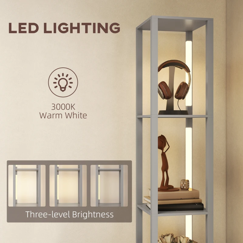 HOMCOM Floor Lamp with Shelves, LED Column Modern Standing Lamp with Fabric Drawer, Adjustable Brightness, Foot Switch for Living Room, Bedroom, Office, Grey