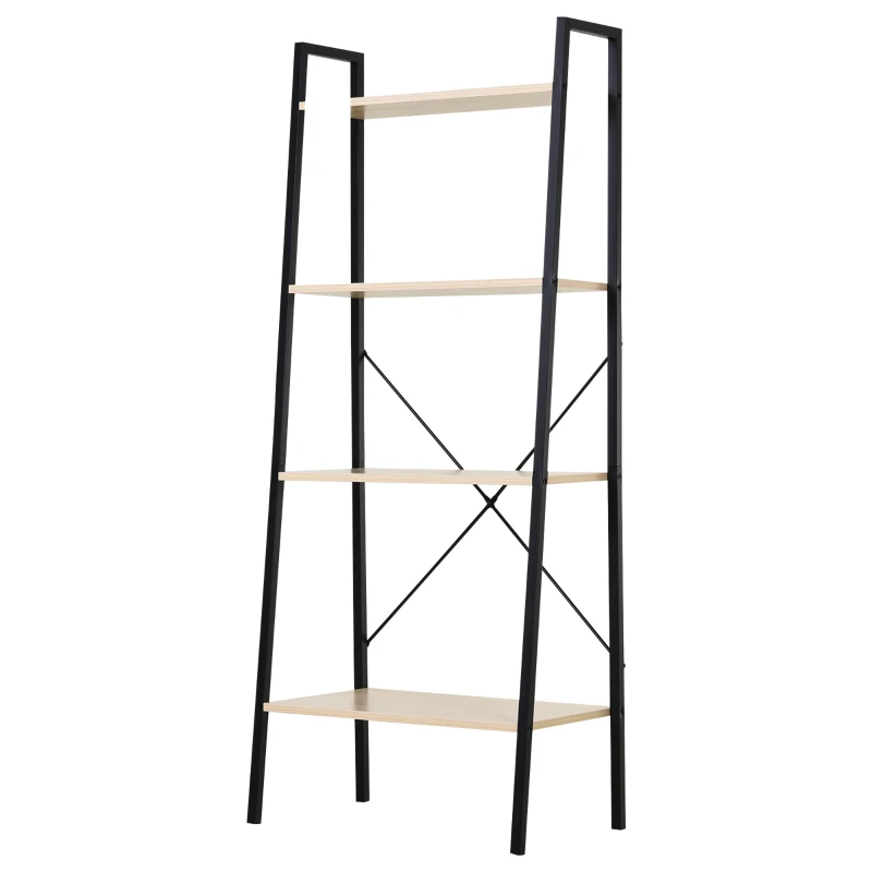 HOMCOM Ladder Shelf, Bookshelf, 4-Tier Industrial Storage Rack for Living Room, Bedroom, Kitchen, Oak and Black
