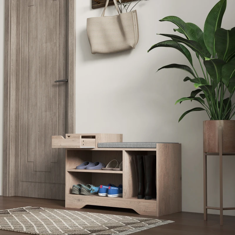 HOMCOM Panca Scarpiera Moderna con 3 Ripiani Aperti e Cassetti, in Legno, Poliestere e Spugna, 76.5x30x52 cm, Grigio