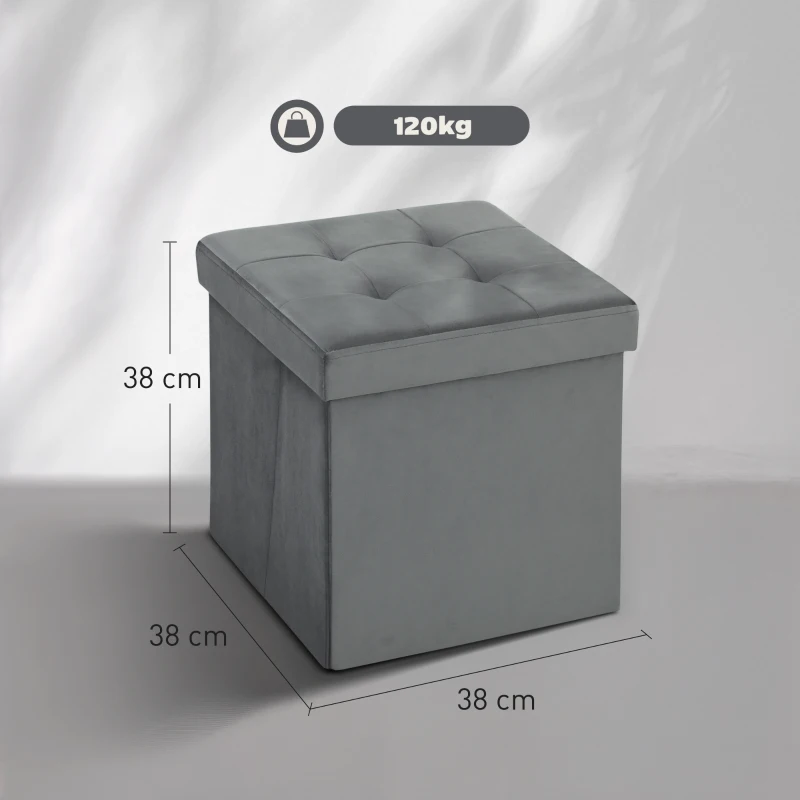 HOMCOM Foldable Velvet-Feel Storage Ottoman - Grey