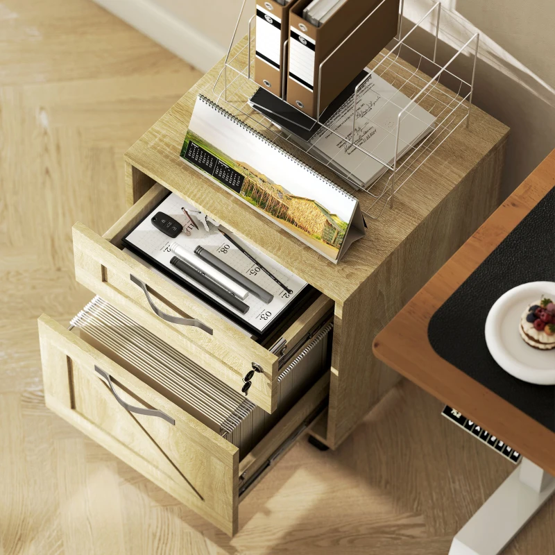 Vinsetto Cajonera de Oficina con 2 Cajones Cajonera con Ruedas con Cerradura Carpetas Colgantes para Tamaño A4 41x42x56cm Natural