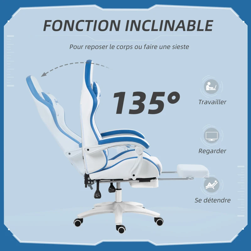 Vinsetto Chaise gaming fauteuil gaming ergonomique avec dossier inclinable à 135° et soutien lombaire, 65 x 65 x 121-129 cm blanc