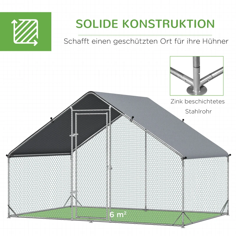PawHut Hühnerstall, Freilaufgehege, Geflügelstall mit Schattendach, Freigehege für 4-6 Hühner, Enten Kaninchen, 3 x 2 x 2 m(m-6)