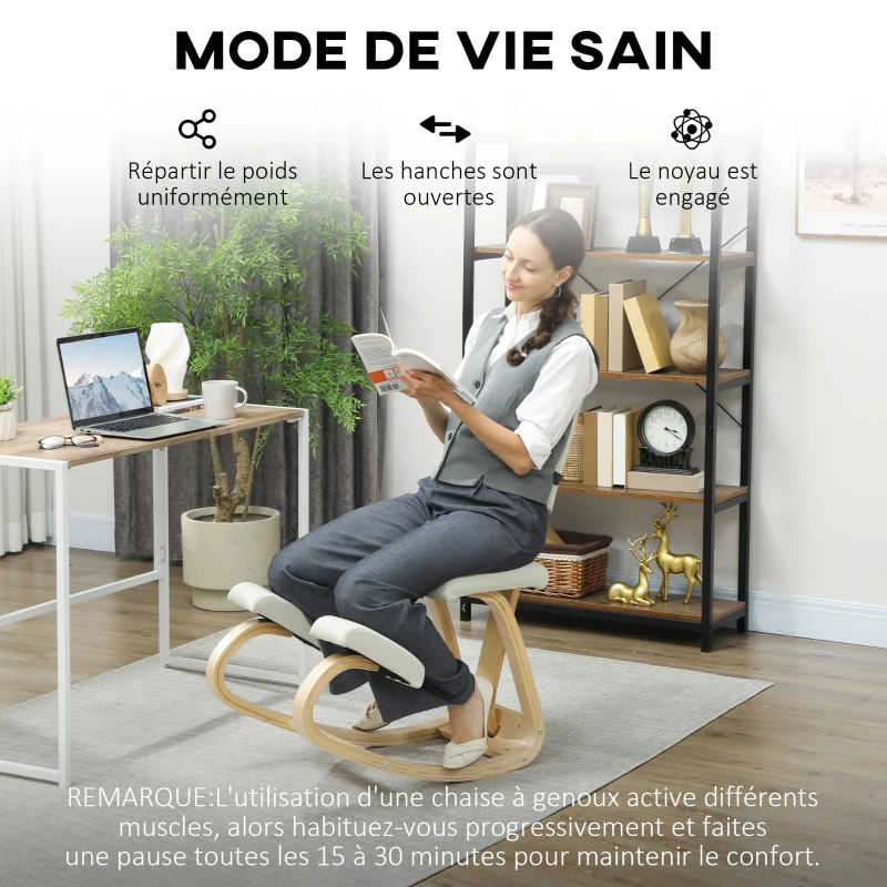 HOMCOM Siège assis genoux, tabouret ergonomique en bois à bascule avec dossier, chaise à genoux pour bureau à domicile, crème