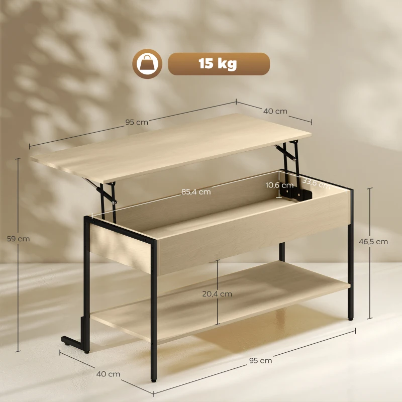 HOMCOM Table basse avec plateau relevable, table de salon avec compartiment caché et étagère ouverte, 95x40x59cm, bois naturel