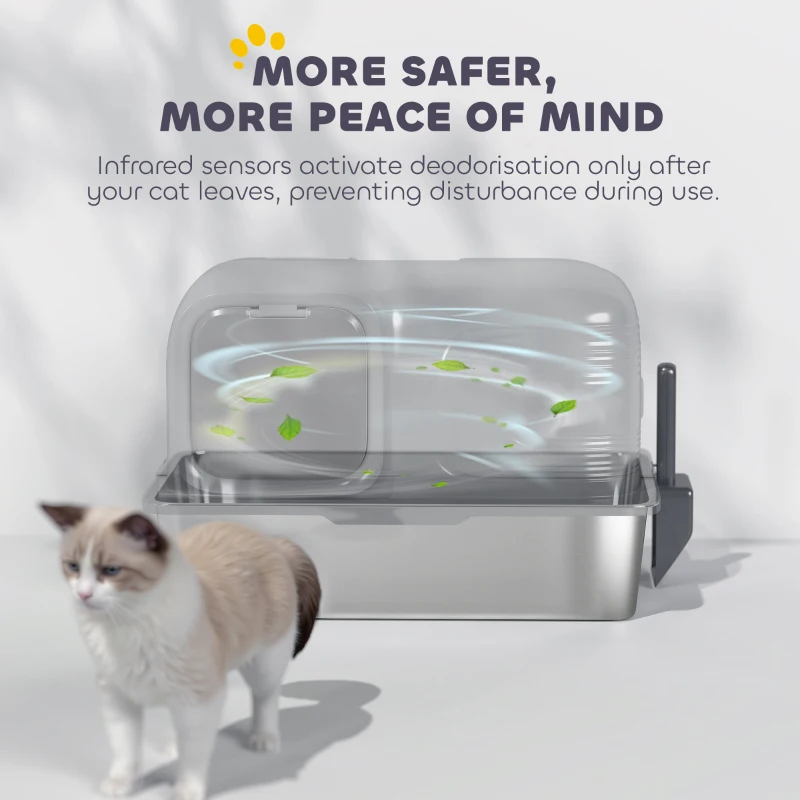 PawHut 65L Extra Large Stainless Steel Litter Tray with Plasma Deodoriser System, High Sided, Easy to Clean & Odour-Resistant