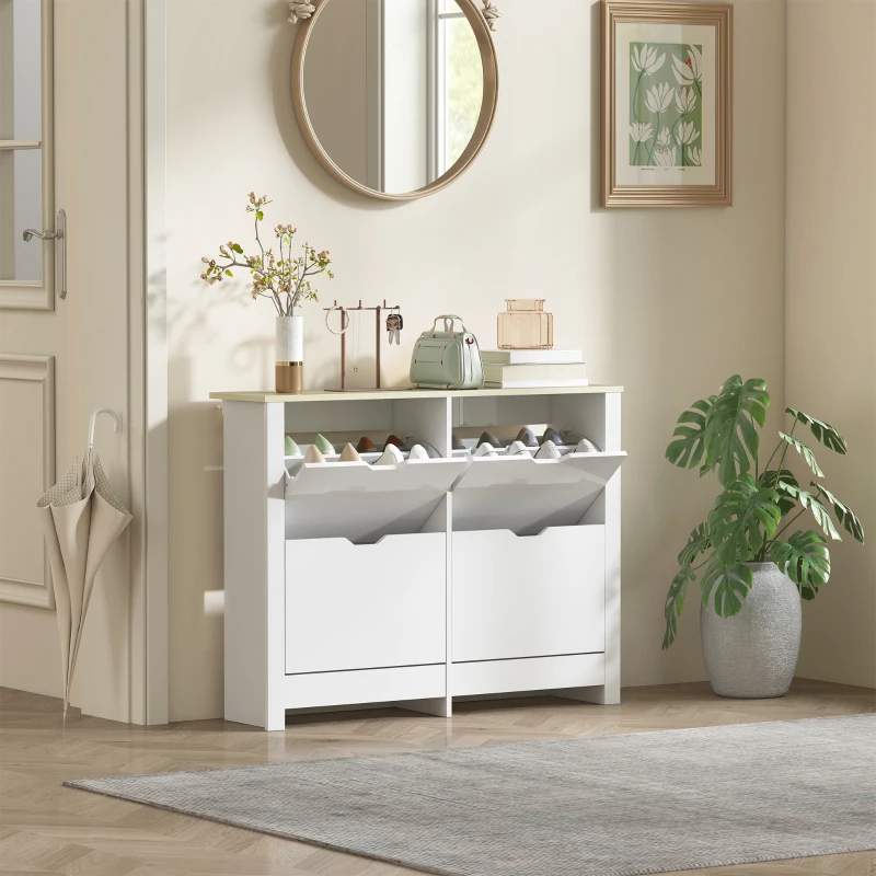 HOMCOM Armario para Zapatos 4 Puertas abatibles 2 Compartimentos Paneles de Partículas Blanco roble