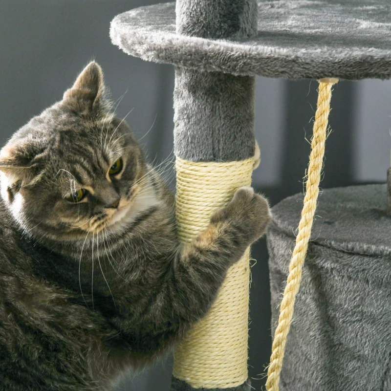 PawHut Rascador para Gatos Altura 116 cm Árbol para Gatos con Postes de Sisal Cueva Plataformas y Juguetes Gris Oscuro