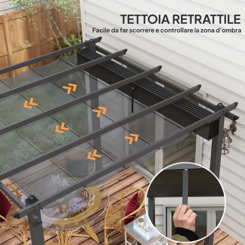 Outsunny Pergola Gazebo 3x3 m con 8 Fori di Drenaggio, in Alluminio, Metallo e Poliestere, Grigio Scuro