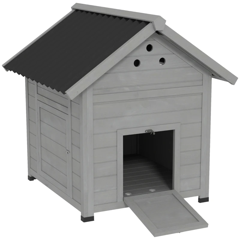 PawHut Casa per Anatre Pollaio Piccolo Animale, resistente alle intemperie, 2 ingressi, 2 rampe, 78 x 90 x 92 cm, Grigio Chiaro + Nero