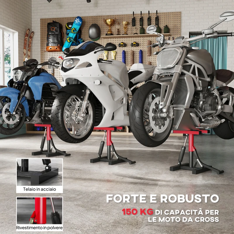 HOMCOM Cavalletto Alzamoto in Acciaio Capacità 150kg, Altezza Regolabile e Piano Antiscivolo, Rosso