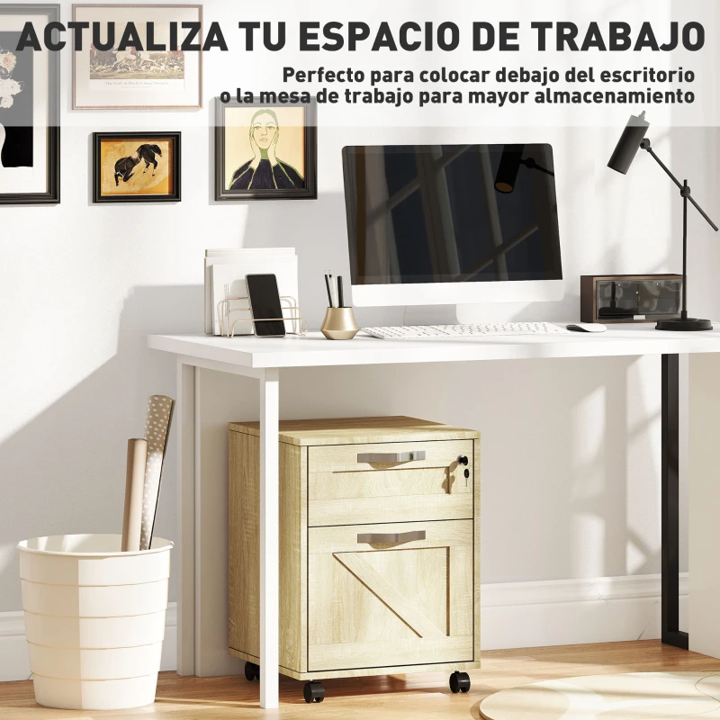 Vinsetto Cajonera de Oficina con 2 Cajones Cajonera con Ruedas con Cerradura Carpetas Colgantes para Tamaño A4 41x42x56cm Natural