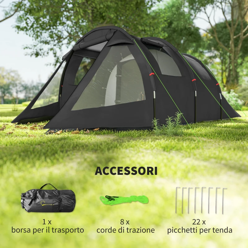 Outsunny Tenda da Campeggio 3 Posti con 2 Stanze Interne con Finestre e Coperture, 475x264x172 cm, Nero