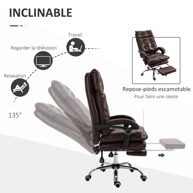 Vinsetto Fauteuil de bureau chaise de bureau ergonomique avec hauteur réglable dossier inclinable repose-pied rétractable marron(m-5)