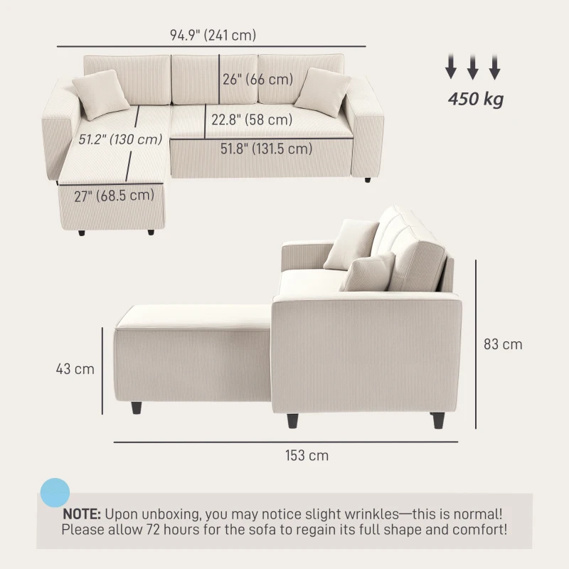 Canapea HOMCOM catifea crem, 3 locuri