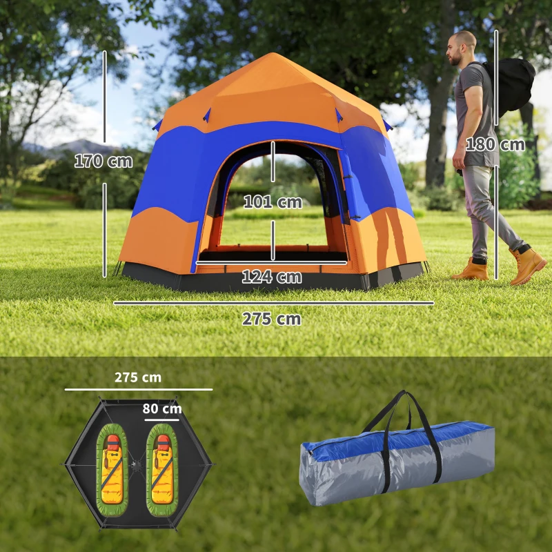 Outsunny Six Man Hexagon Camping Tent with Hang Hook and Carry Bag - Orange and Blue