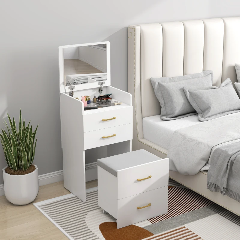 HOMCOM 3-in-1 Make-uptafel met Spiegel, Nachtkastje, Rollende Kruk, Lades, Wit(m-8)