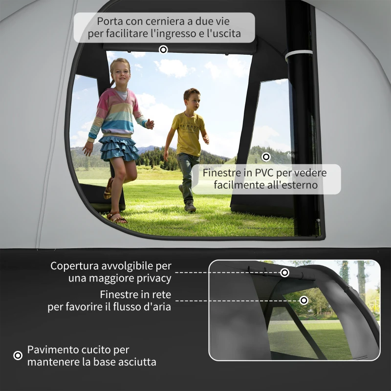 Outsunny Tenda da Campeggio 3 Posti con 2 Stanze Interne con Finestre e Coperture, 475x264x172 cm, Nero