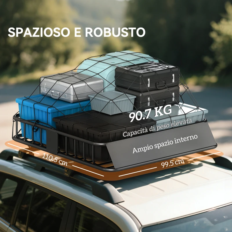HOMCOM Portapacchi per Auto in Acciaio da 90.7 kg con Deflettori e Guide Laterali, 110.5x99.5x18.5 cm, Nero